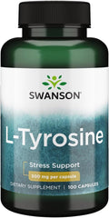 Swanson L-Tyrosine capsules close-up, 500 mg per capsule for daily brain support