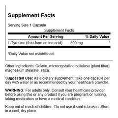 Swanson L-Tyrosine packaging, full-spectrum plant-based formula supporting stress resilience and clarity