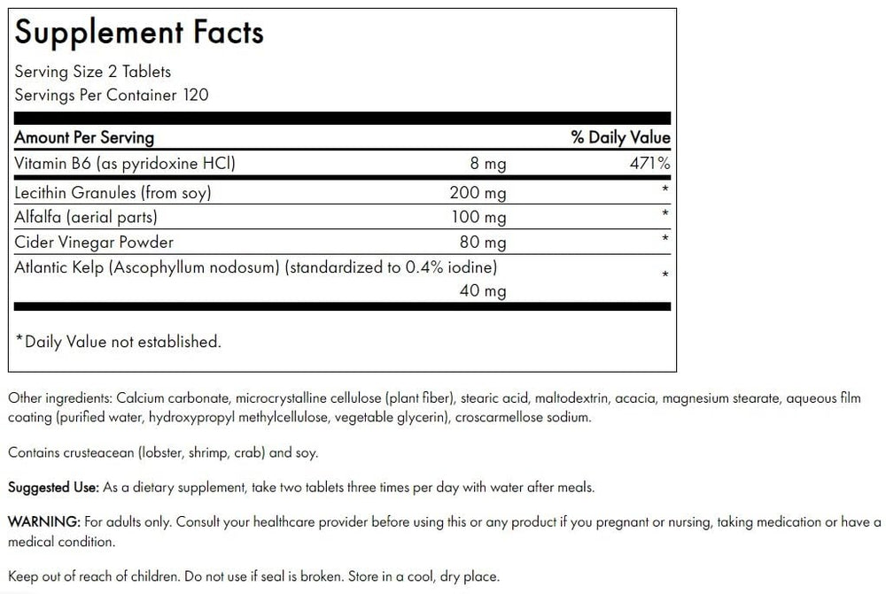 Supplement ingredients include lecithin, kelp, B-6, and cider vinegar