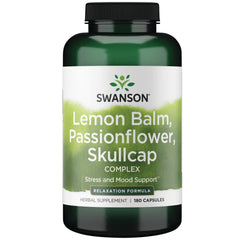 Bottle of Swanson Lemon Balm Passion Flower Skullcap Complex 180 capsules