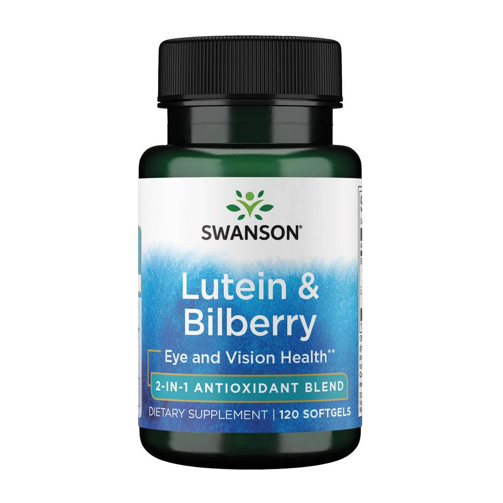 Swanson Lutein & Bilberry softgels bottle supports eye comfort and daily focus.