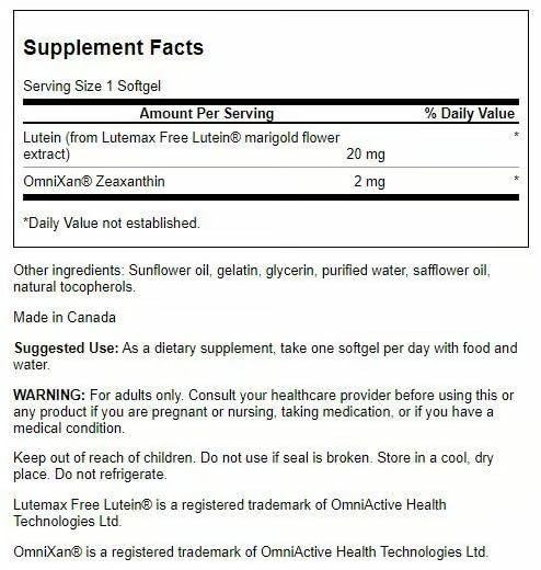 Supplement facts label showing lutein and OmniXan zeaxanthin ingredients
