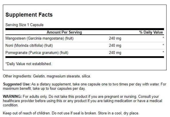 Swanson Mangosteen/Pomegranate/Noni Complex bottle label with capsules