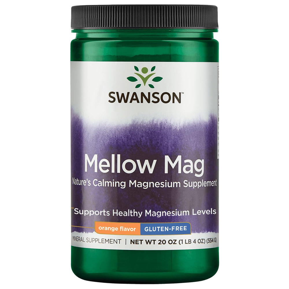 Swanson Mellow Magnesium Drink orange flavor powder packaging showing 330 mg magnesium carbonate for bone and muscle support