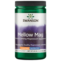 Swanson Mellow Magnesium Drink orange flavor powder packaging showing 330 mg magnesium carbonate for bone and muscle support
