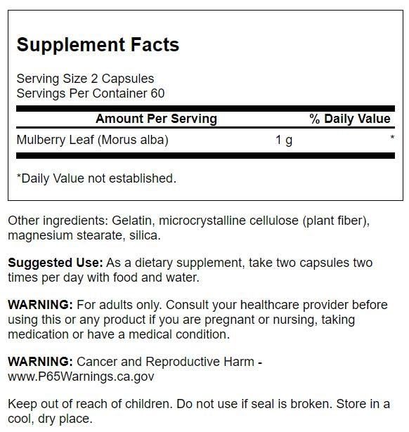 Close-up of Mulberry Leaf Herbal Supplement bottle showing label