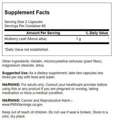 Close-up of Mulberry Leaf Herbal Supplement bottle showing label