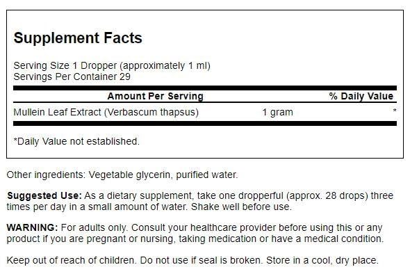 Close-up of Swanson Mullein Leaf Liquid Extract bottle label and packaging