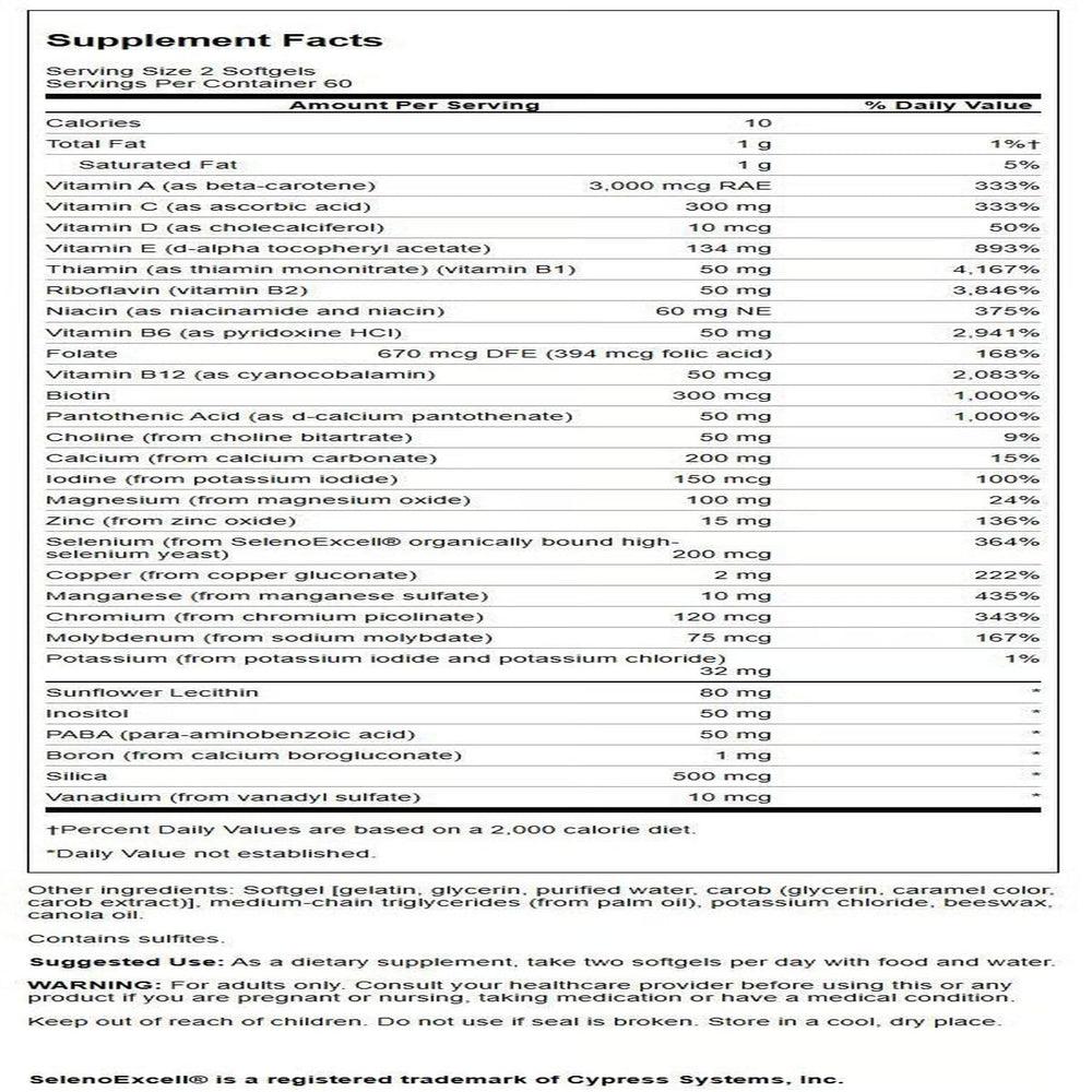 Swanson Multi Without Iron bottle closeup emphasizes iron-free multivitamin benefits