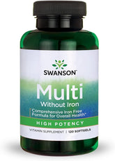 Swanson Multi Without Iron 120-softgels front label highlights iron-free daily mineral support