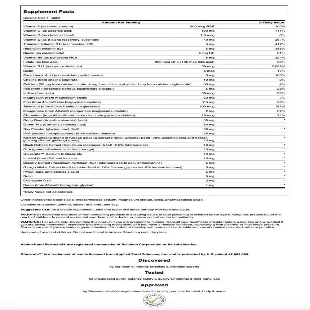 Front view of Swanson Multi Women's Prime Multivitamin packaging