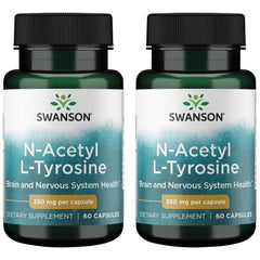 Swanson N-Acetyl L-Tyrosine supplement bottle with 60 capsules (350 mg each), 2-pack for brain health and mood support