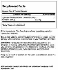 Close-up of NAC 600 mg label on Swanson bottle