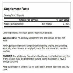 Swanson Niacinamide 500 mg 250 capsules bottle back label