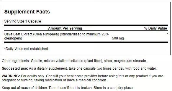 Close-up of Swanson Olive Leaf Extract bottle label showing oleuropein content
