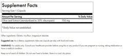 Close-up of Swanson Olive Leaf Extract capsule label highlighting 20% oleuropein