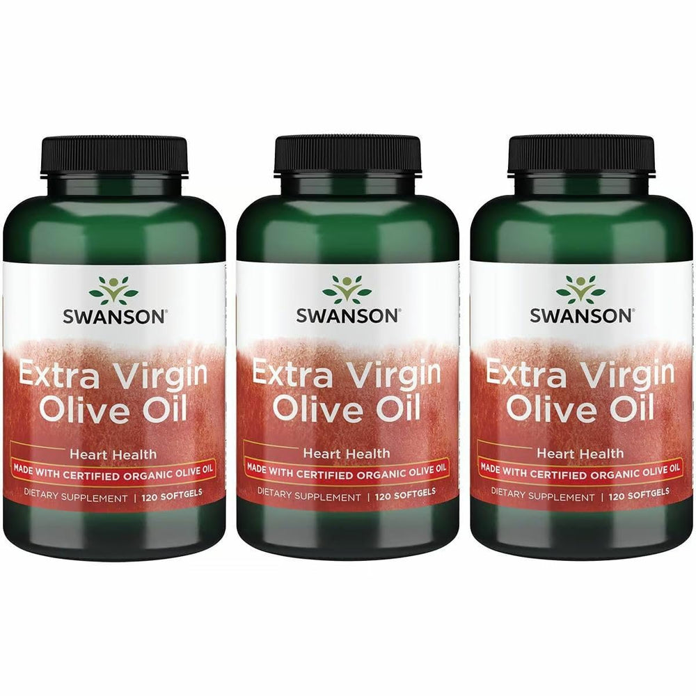 Swanson Extra Virgin Olive Oil Softgels bottle label (120 softgels, 1g each)