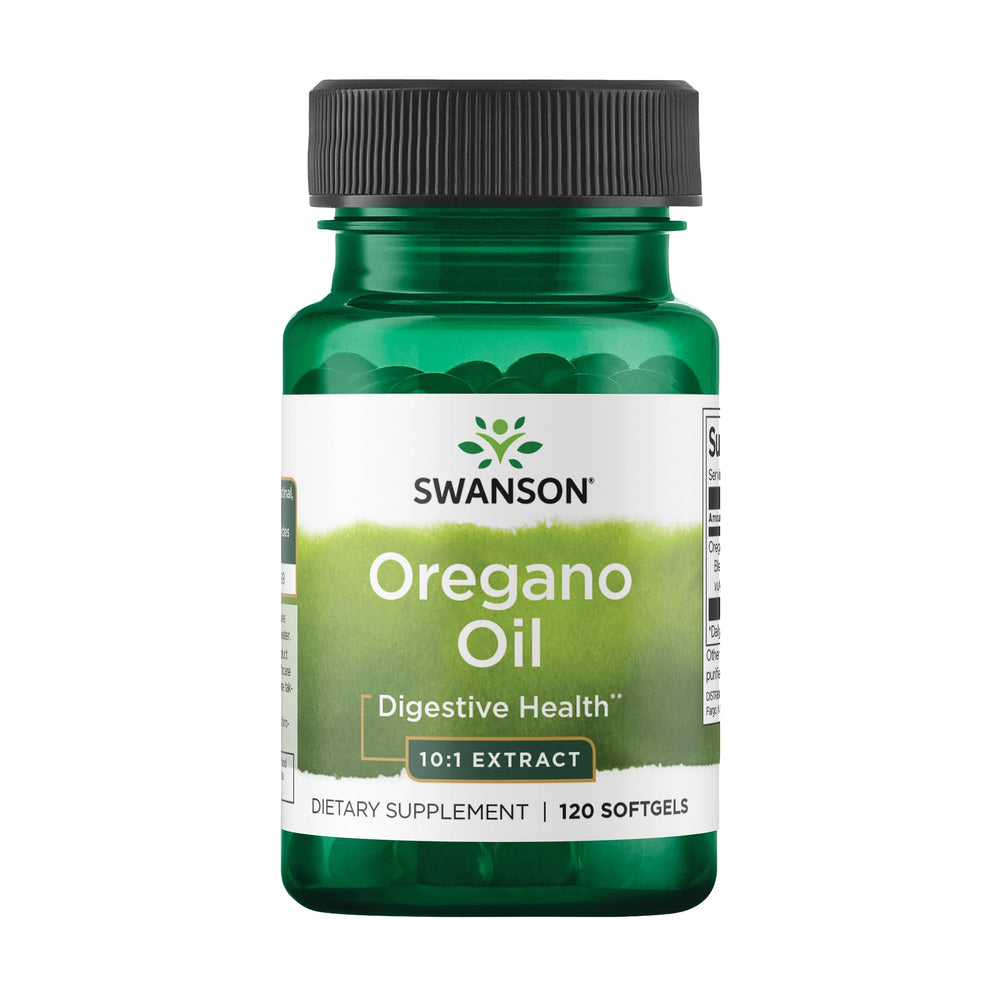 Swanson oregano oil 10:1 extract softgels bottle label showing 120-count and 150mg per softgel