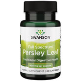 Swanson Full-Spectrum Parsley Leaf Extract bottle with 60 capsules (400 mg each) for digestive health.