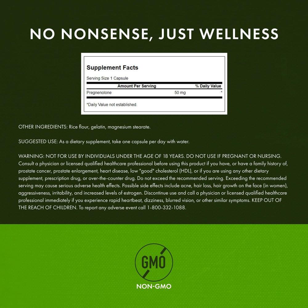 Close-up of Swanson Pregnenolone capsules
