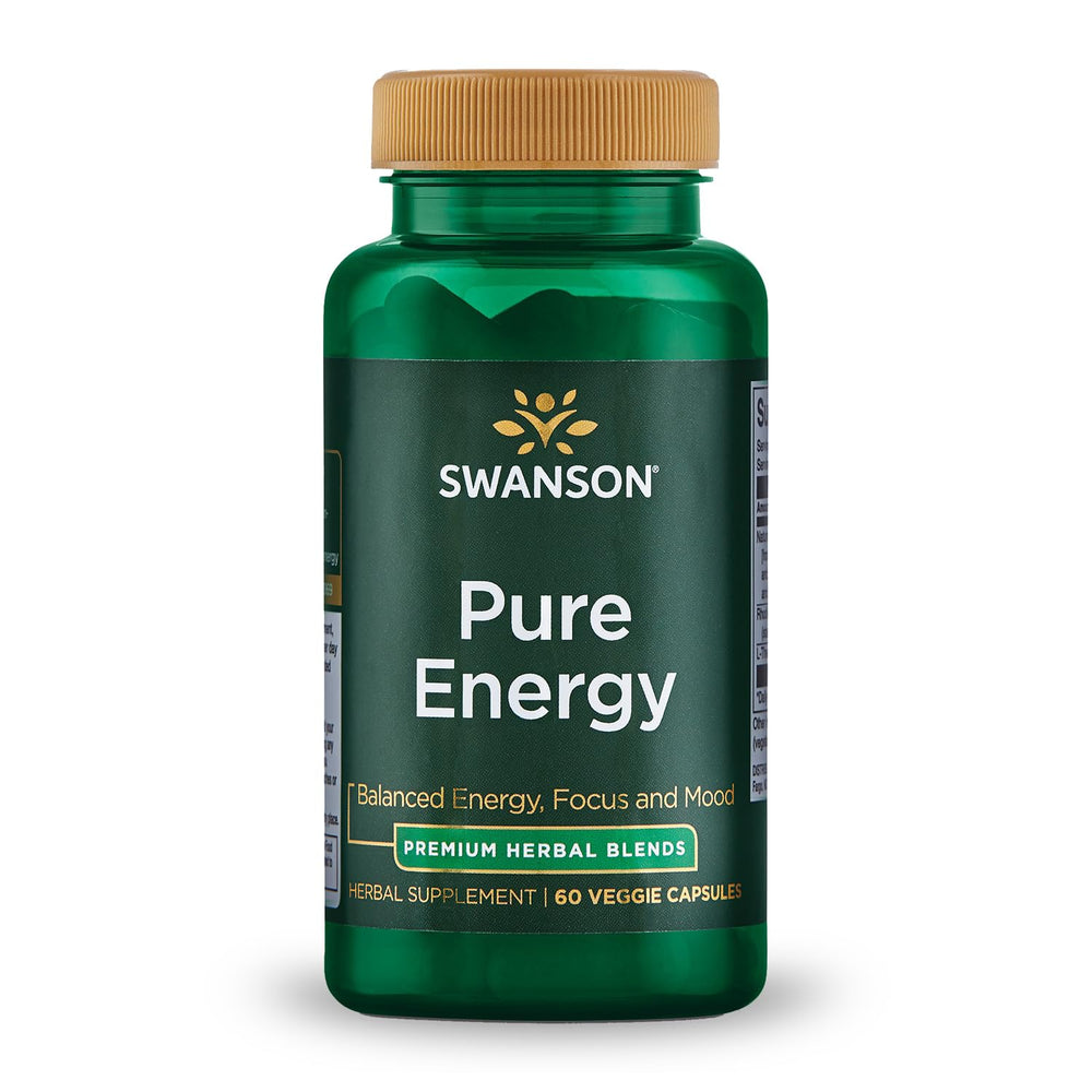 Swanson Pure Energy bottle-front view showing vegan capsules for steady energy support and focus