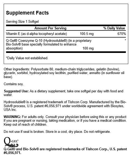 Close-up of Swanson Q-Gel Mega 100 softgels (CoQ10)