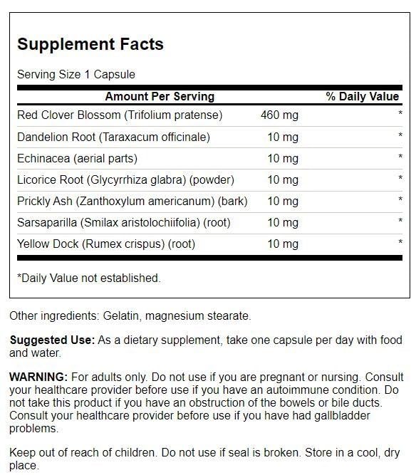 Close-up of Red Clover Combination 100 Capsules capsules in bottle with label visible