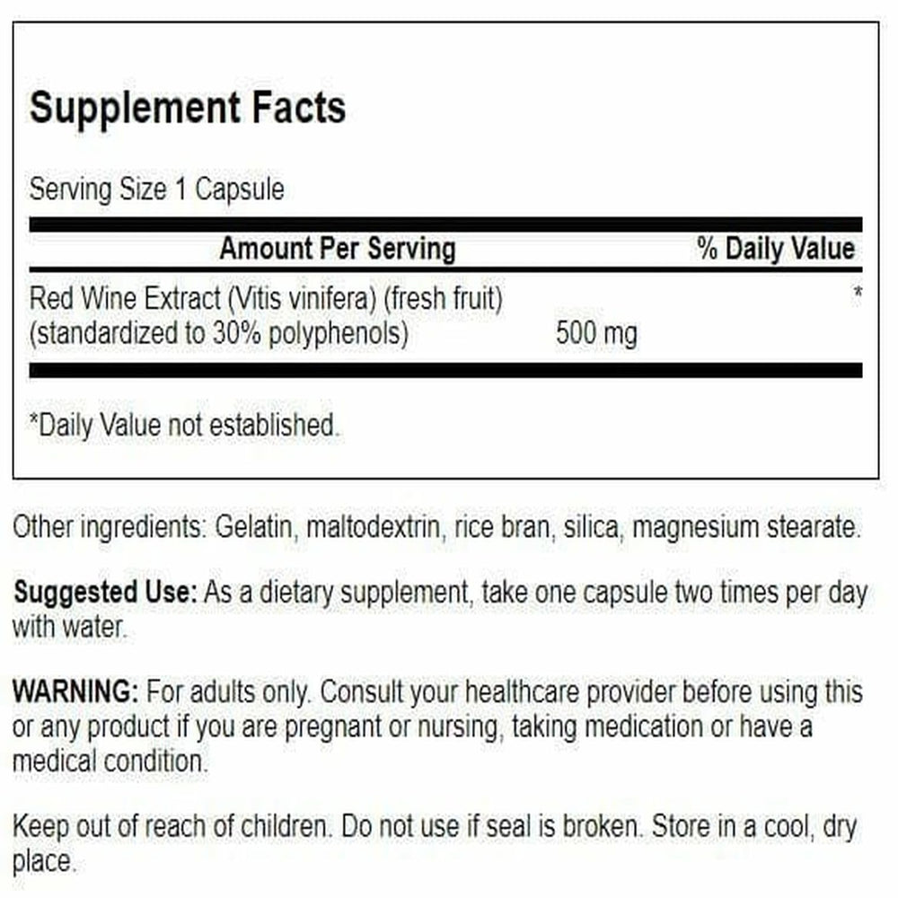 Back label of Swanson Red Wine Extract bottle showing supplement facts