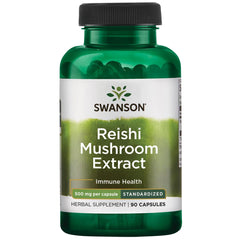 Bottle of Swanson Reishi Mushroom Extract 500 mg, 90 capsules – front label