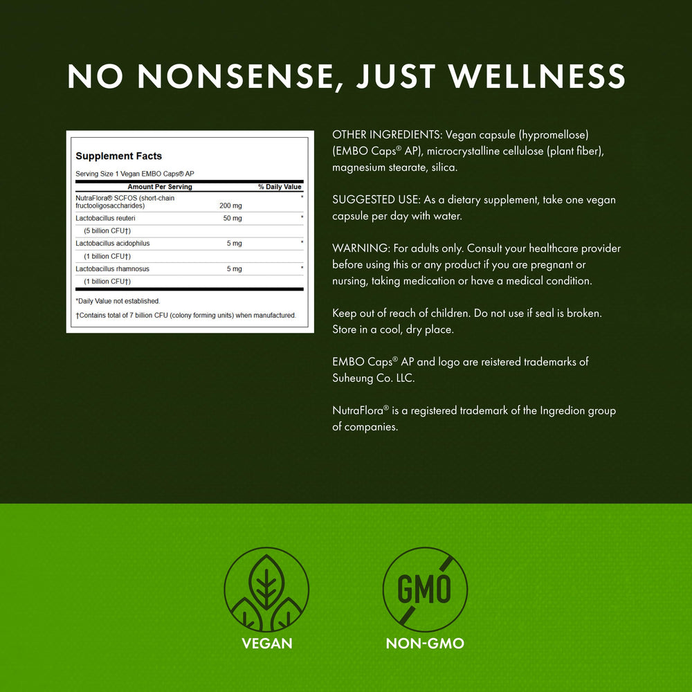 Close-up of probiotic capsule showing L. Reuteri, L. rhamnosus and L. acidophilus