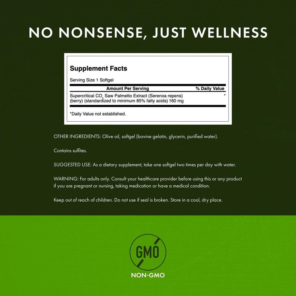 Close-up of label highlighting 160 mg Saw Palmetto