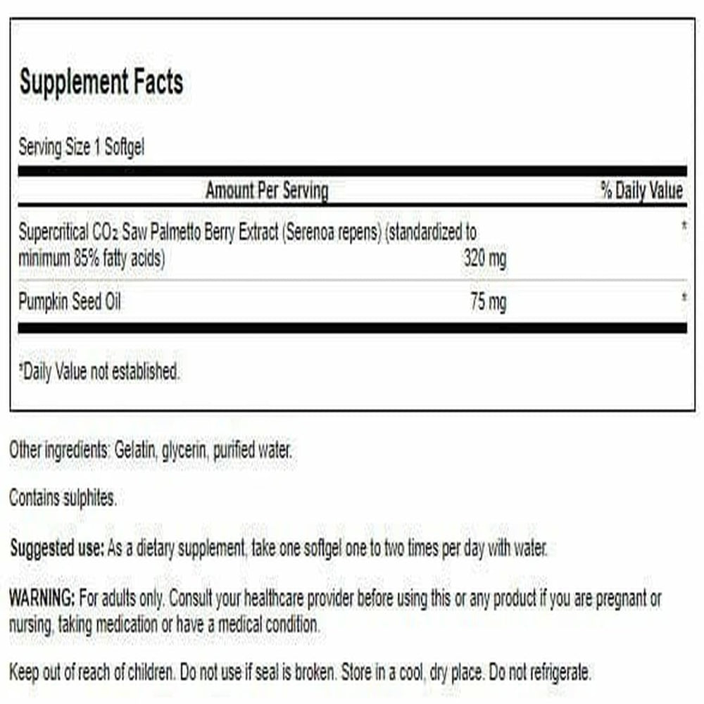 Close-up of Saw Palmetto 320 mg label on bottle