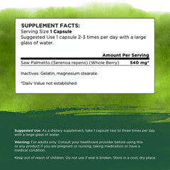 Close-up of Saw Palmetto label showing 540 mg per capsule