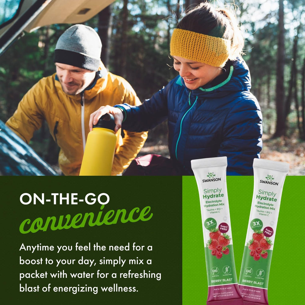 Swanson Simply Hydrate packaging shown for travel and convenience.
