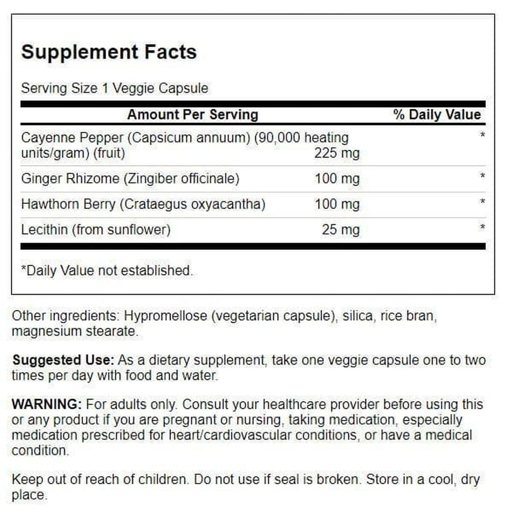 Ingredients: cayenne, ginger rhizome, hawthorn berry, lecithin