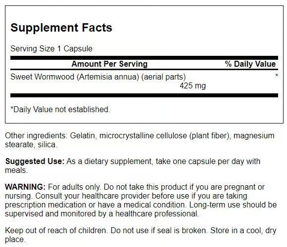 Swanson Sweet Wormwood capsules closeup highlighting 425 mg dosage