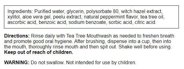 Close-up of Swanson Tea Tree Mouthwash Peppermint bottle label