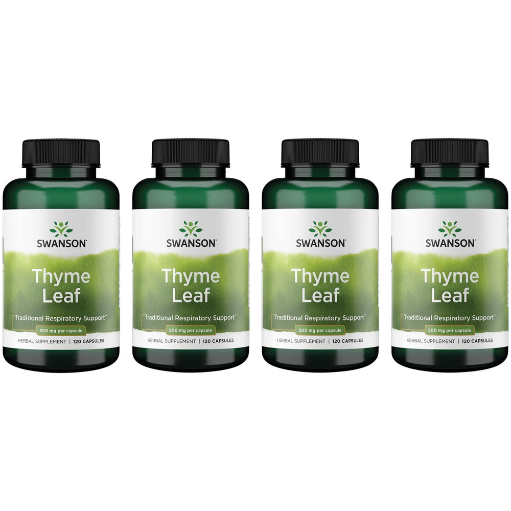Swanson Thyme Leaf 500mg capsules in four-pack bottle – product hero