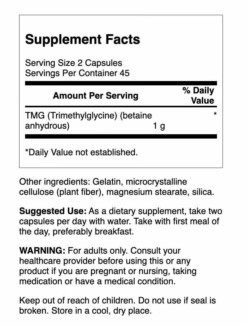 Close-up of Trimethylglycine capsules showing 500 mg per capsule