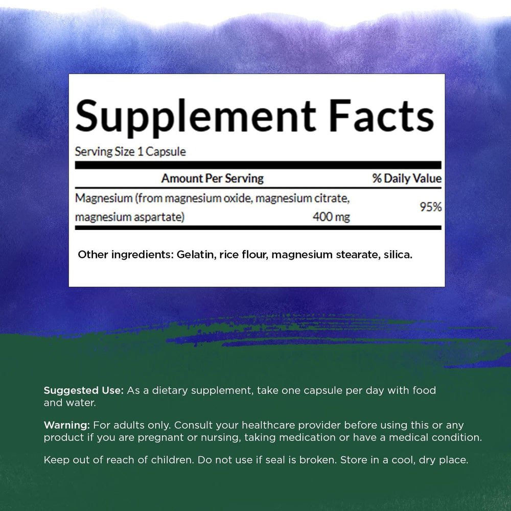 Close-up of Swanson Triple Magnesium Complex capsules (300 vegan capsules)