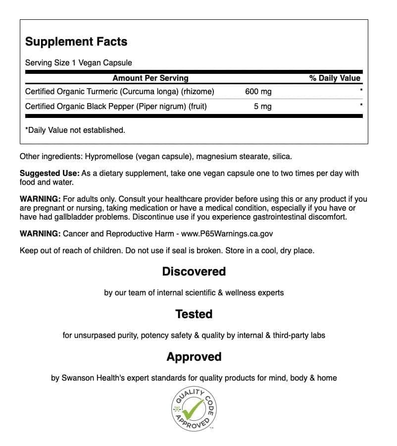 Swanson turmeric packaging with black pepper capsules