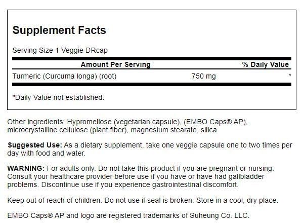 Swanson Full Spectrum Turmeric Delayed Release 750 mg bottle - label close-up