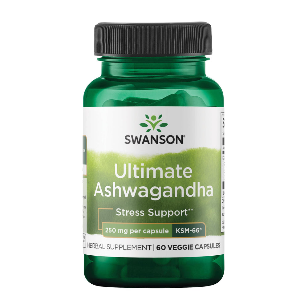 Front view of Swanson Ultimate Ashwagandha KSM-66 bottle