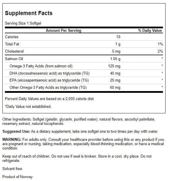 Swanson Virgin Salmon Oil ecomega 1050 mg Softgels bottle back label with EPA DHA