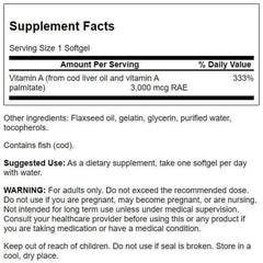 Swanson Vitamin A softgels packaging label demonstrates dosage and daily use guidance.
