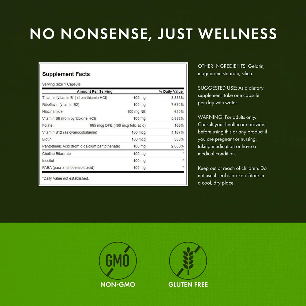 Swanson Vitamin B-100 capsules spilling from the bottle