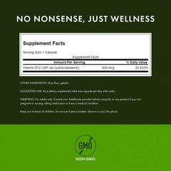 Vitamin B12 500 mcg capsules displayed with bottle