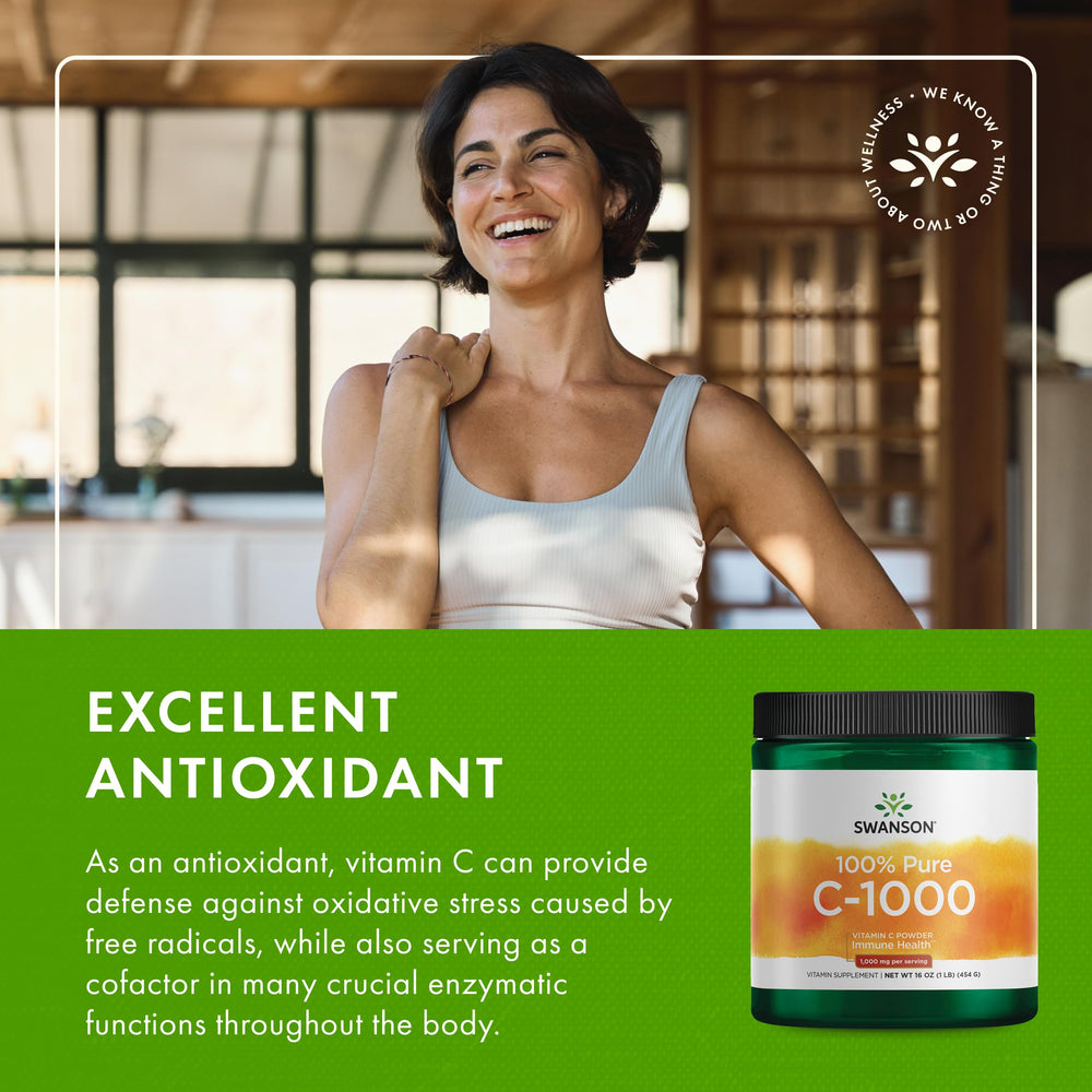 Product imagery highlighting skin health benefits of Swanson Vitamin C Powder