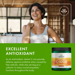 Product imagery highlighting skin health benefits of Swanson Vitamin C Powder