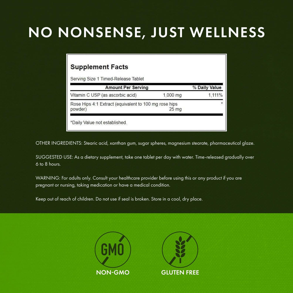 Swanson Vitamin C timed-release packaging showing 1000 mg per tablet